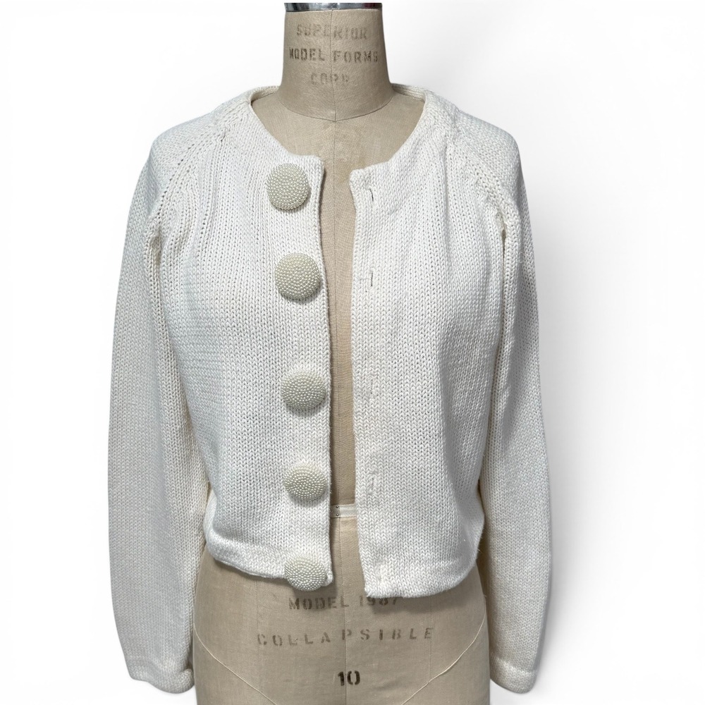 Vintage Express Tricot Cardigan Sweater Womens M Cream Pearl Button Chunky Knit